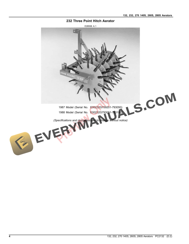 John Deere 132, 232 and 270 Aerators, 140S, 260S and 280S Shatter Aerators Parts Catalog PC2132 4AUG21-4