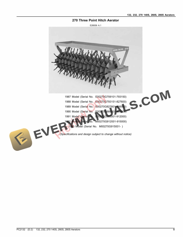 John Deere 132, 232 and 270 Aerators, 140S, 260S and 280S Shatter Aerators Parts Catalog PC2132 4AUG21-5