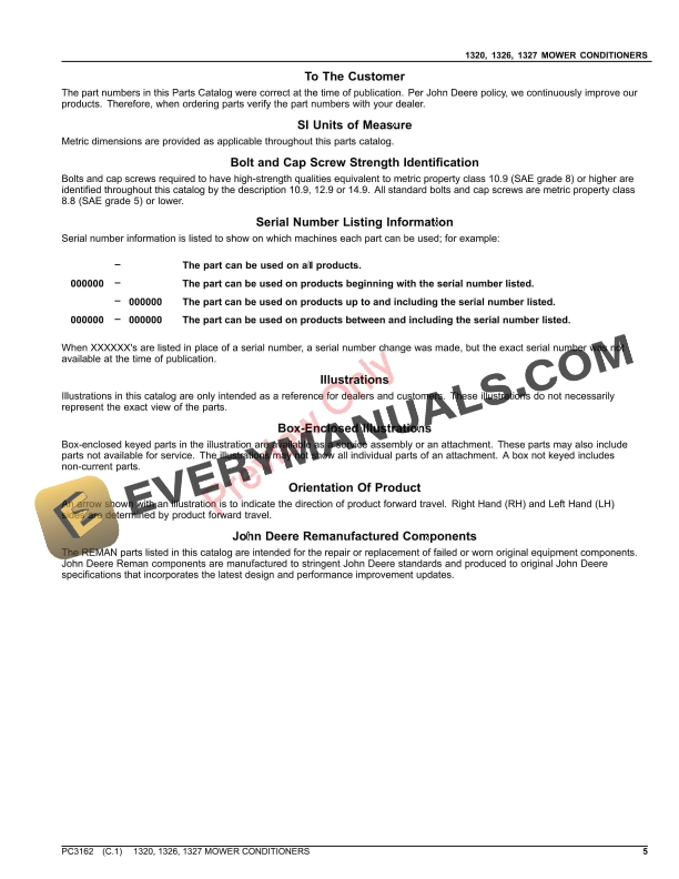 John Deere 1320, 1326, 1327 MOWER CONDITIONERS Parts Catalog PC3162 20SEP21 6 John Deere 1320, 1326, 1327 MOWER CONDITIONERS Parts Catalog PC3162 20SEP21-5