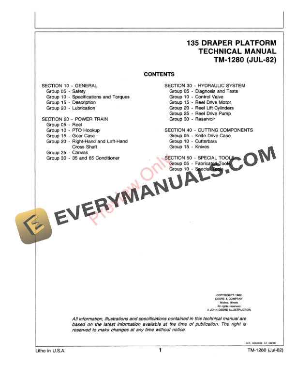 John Deere 135 Windrower Platform Technical Manual TM1280 01JUL82 3
