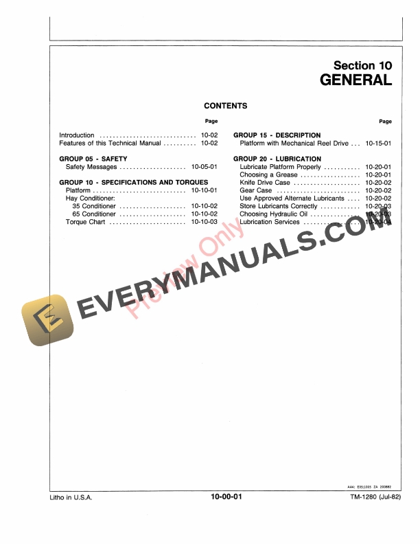 John Deere 135 Windrower Platform Technical Manual TM1280 01JUL82 5