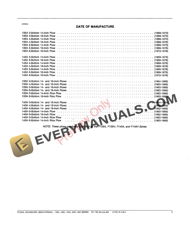 John Deere 135A, 135H, 145A, 145H Series Semi-Integral Moldboard Plows Parts Catalog PC783 03JUL80-5