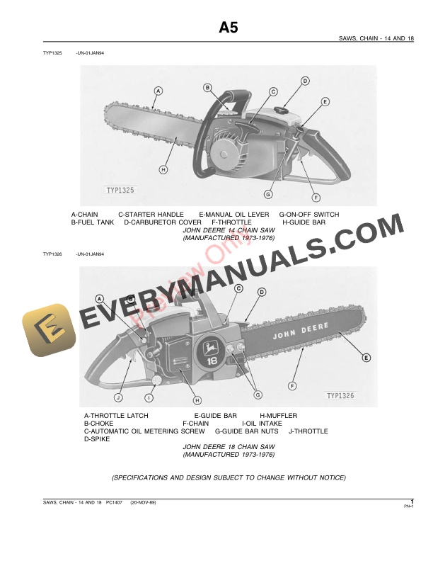 John Deere 14 and 18 Chain Saws Parts Catalog PC1407 20NOV89-3