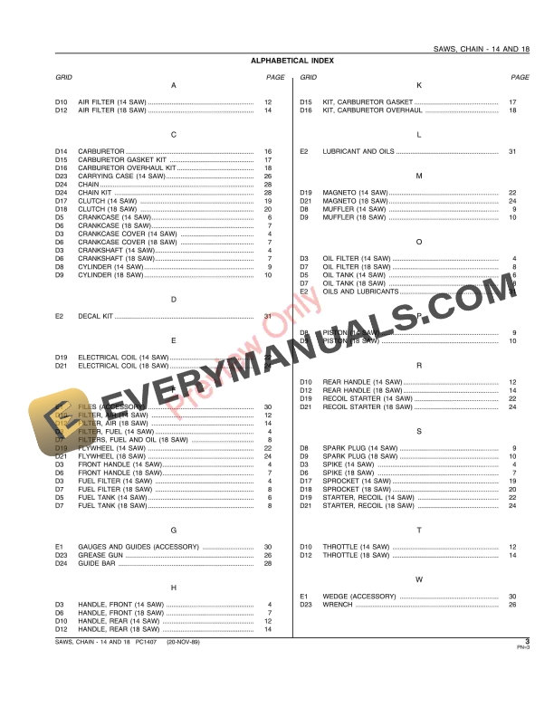John Deere 14 and 18 Chain Saws Parts Catalog PC1407 20NOV89-5