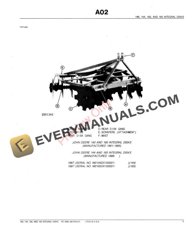 John Deere 140, 144, 160, 165 Integral Disks Parts Catalog PC1834 09FEB87-3