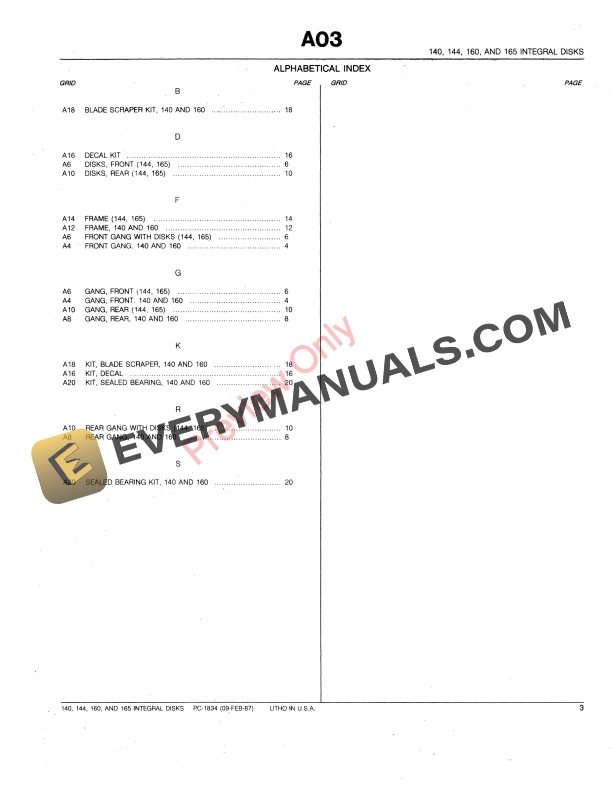 John Deere 140, 144, 160, 165 Integral Disks Parts Catalog PC1834 09FEB87-5
