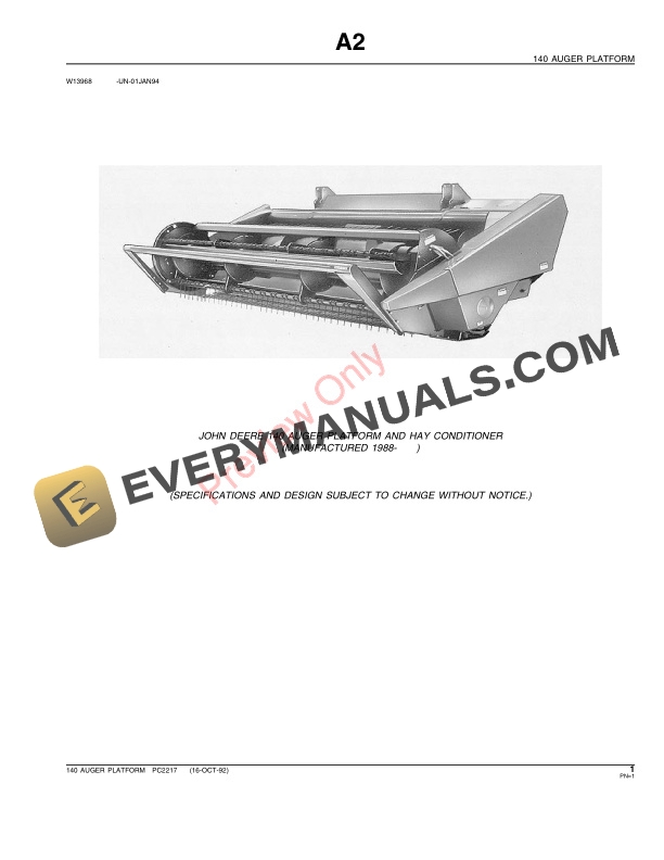 John Deere 140 Auger Platform Parts Catalog PC2217 16OCT92-3