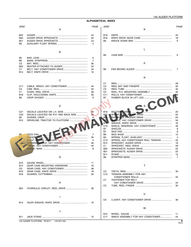 John Deere 140 Auger Platform Parts Catalog PC2217 16OCT92-5