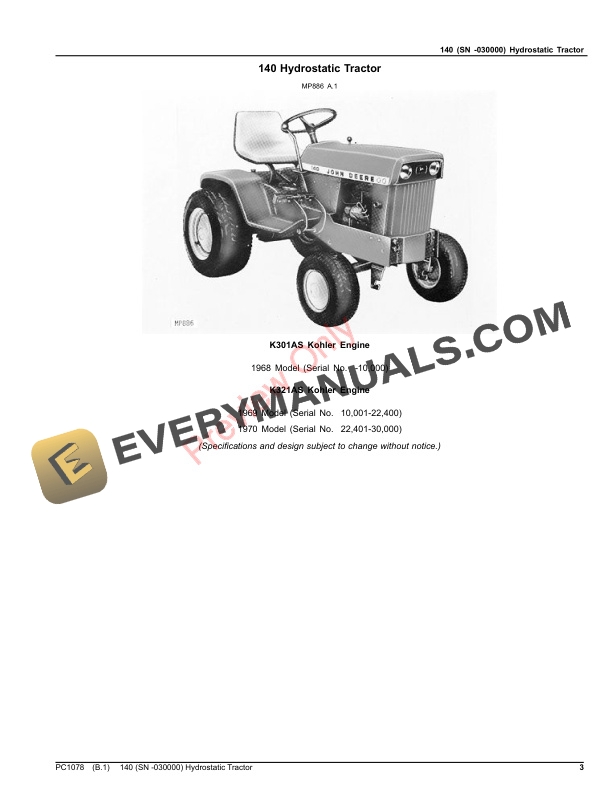 John Deere 140 Hydrostatic Tractor Parts Catalog PC1078 08DEC21 3