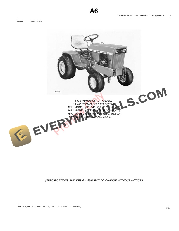 John Deere 140 Lawn and Garden Tractor Parts Catalog PC1245 12APR93-3