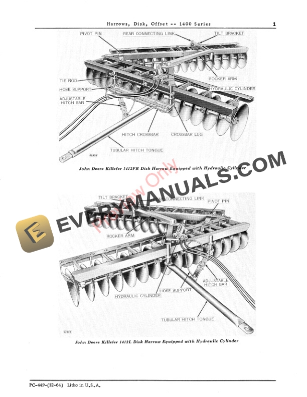 John Deere 1400 Disk Harrow, Offset Parts Catalog PC449 01DEC64-3