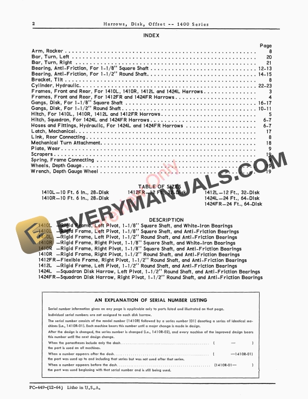 John Deere 1400 Disk Harrow, Offset Parts Catalog PC449 01DEC64-4