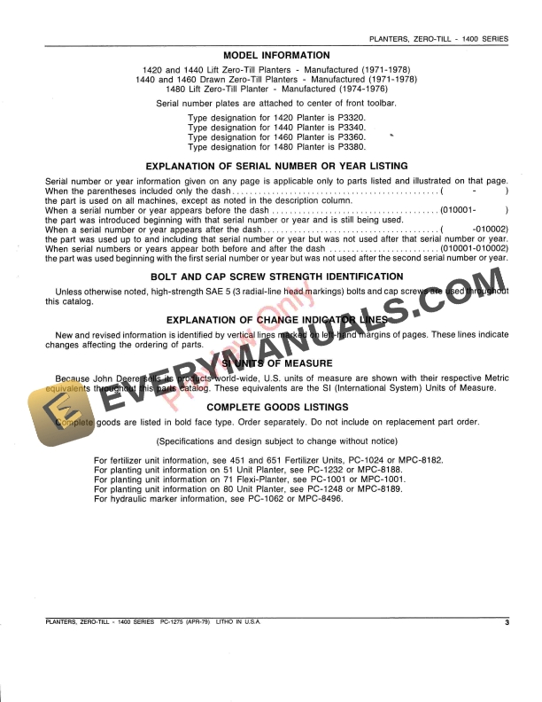 John Deere 1400 Series Zero-Till Planters Parts Catalog PC1275 01APR79-5