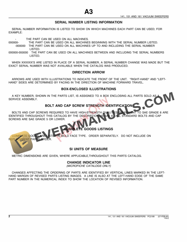 John Deere 141, 151, 161 Vacuum Sweepers Parts Catalog PC2189 07FEB92-4
