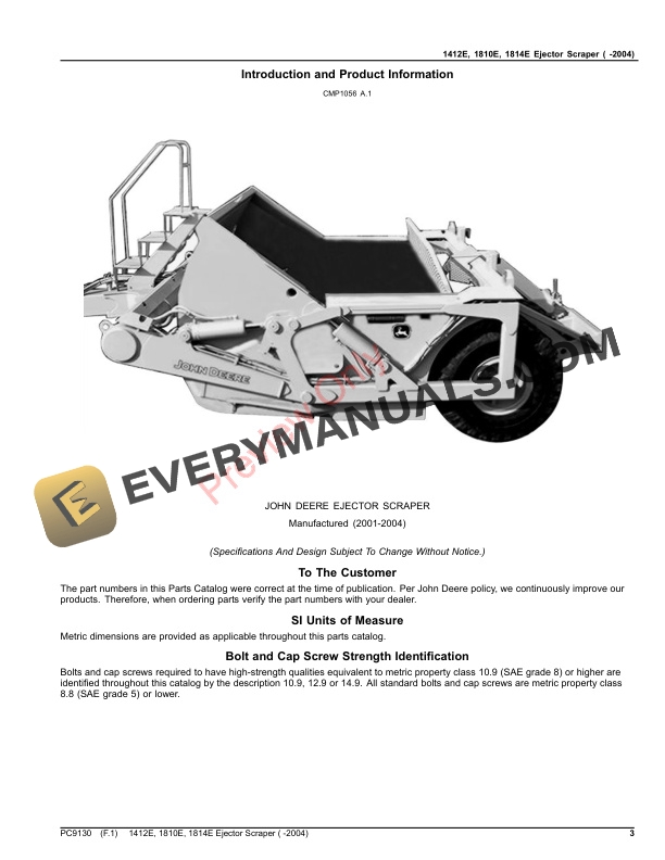 John Deere 1412E, 1810E, 1814E EJECTOR SCRAPERS ( -2004) Parts Catalog PC9130 30NOV18 4 John Deere 1412E, 1810E, 1814E EJECTOR SCRAPERS ( -2004) Parts Catalog PC9130 30NOV18-3