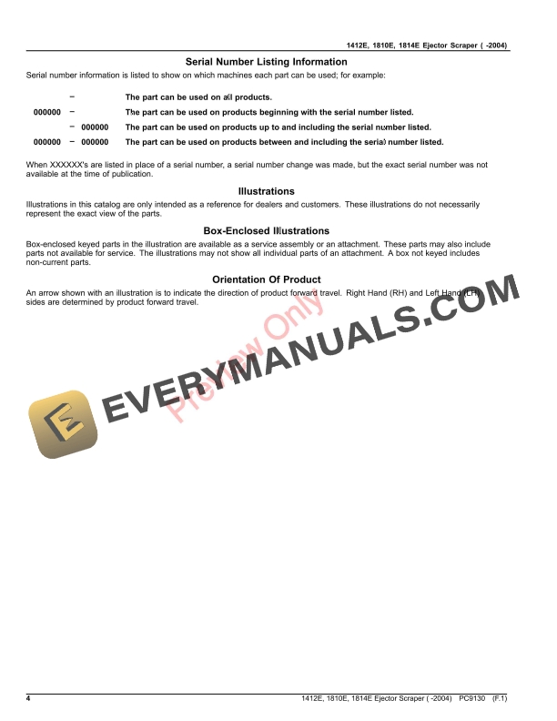 John Deere 1412E, 1810E, 1814E EJECTOR SCRAPERS ( -2004) Parts Catalog PC9130 30NOV18 5 John Deere 1412E, 1810E, 1814E EJECTOR SCRAPERS ( -2004) Parts Catalog PC9130 30NOV18-4