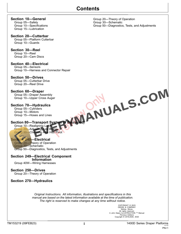 John Deere 1415D 1420D 1425D 1430D 1435D 1440D and 1445D Draper Platform Technical Manual TM153219 09FEB23 3