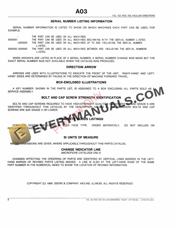John Deere 142, 152, 162 Vacuum Sweepers Parts Catalog PC2277 07FEB92-4