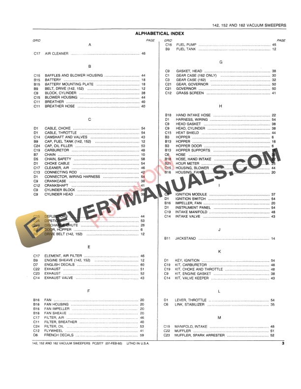 John Deere 142, 152, 162 Vacuum Sweepers Parts Catalog PC2277 07FEB92-5