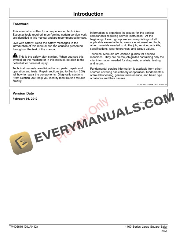 John Deere 1424 1424C 1433 1433C 1434 and 1434C Large Square Balers Technical Manual TM405619 20JAN12 2