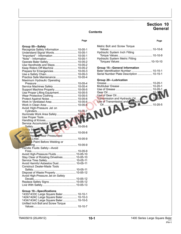John Deere 1424 1424C 1433 1433C 1434 and 1434C Large Square Balers Technical Manual TM405619 20JAN12 5