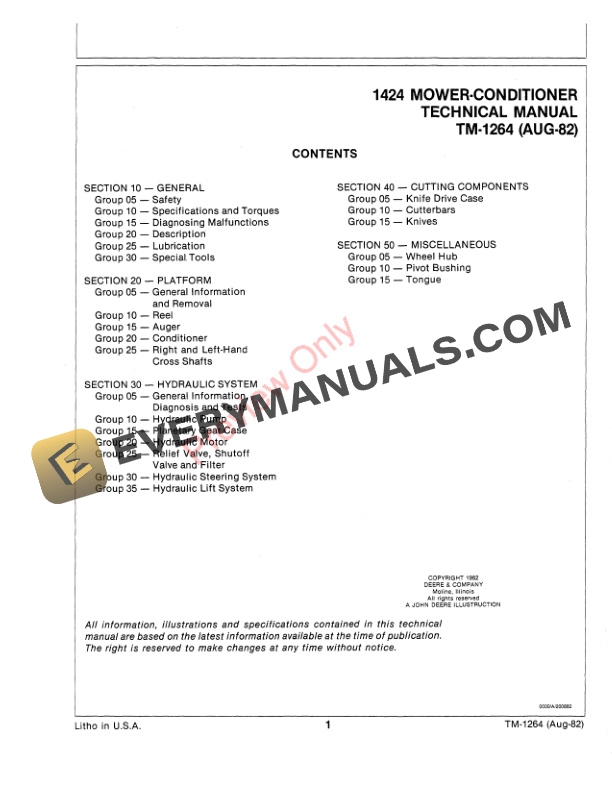 John Deere 1424 Conditioner Mower Technical Manual TM1264 01AUG82 3