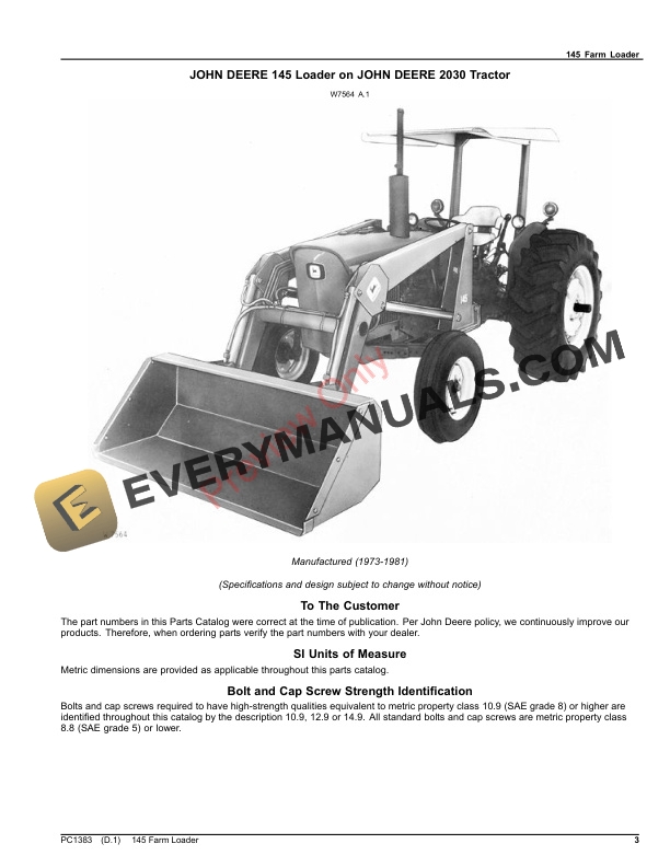 John Deere 145 Farm Loader Parts Catalog PC1383 18SEP20-3