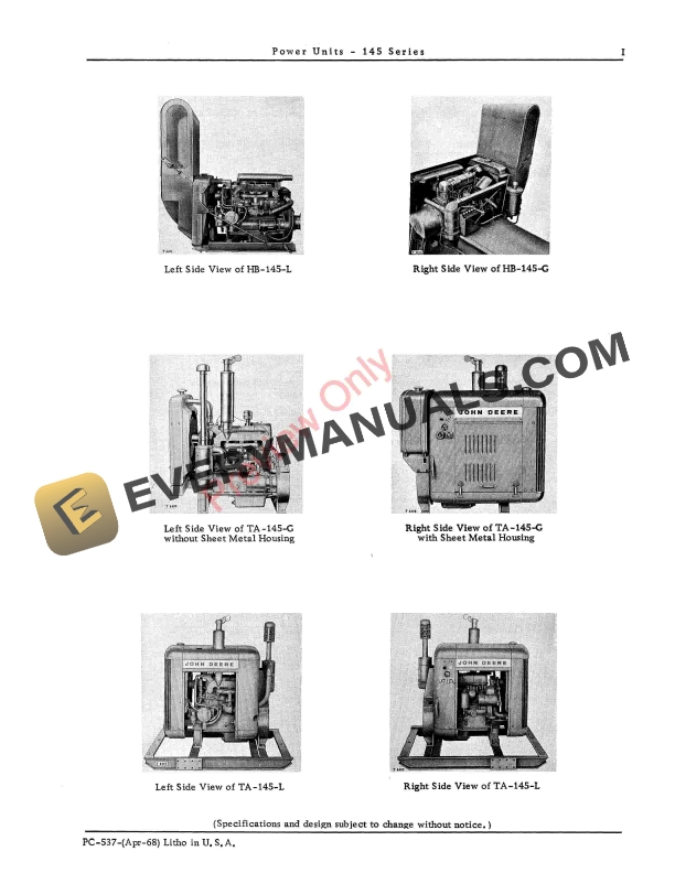 John Deere 145 Power Unit (HA, HB-145, TA-154 Engines) Parts Catalog PC537 01APR68-5