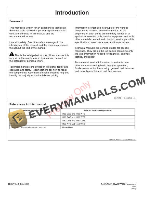 John Deere 1450CWS 1450WTS 1550CWS 1550WTS Combine Technical Manual TM8235 03NOV08 2