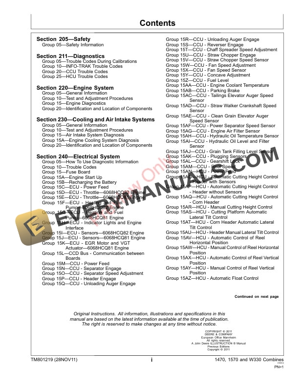 John Deere 1470 1570 and W330 Combine Technical Manual TM801219 28NOV11 3