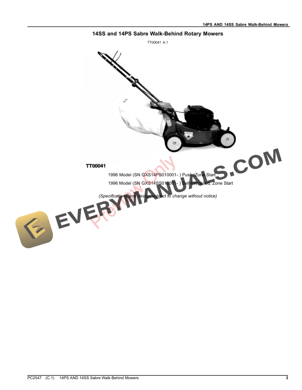 John Deere 14PS AND 14SS SABRE WALK-BEHIND MOWERS Parts Catalog PC2547 06DEC22 4 John Deere 14PS AND 14SS SABRE WALK-BEHIND MOWERS Parts Catalog PC2547 06DEC22-3