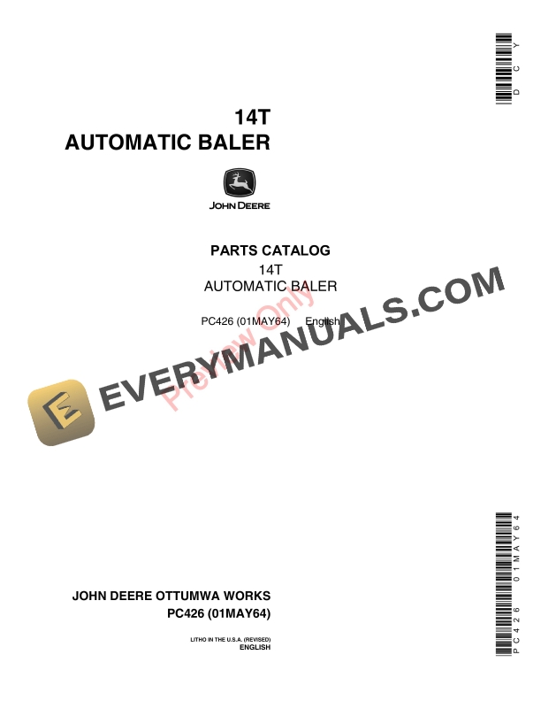 John Deere 14T Automatic Pick-Up Baler Parts Catalog PC426 01MAY64 1 John Deere 14T Automatic Pick-Up Baler Parts Catalog PC426 01MAY64-1