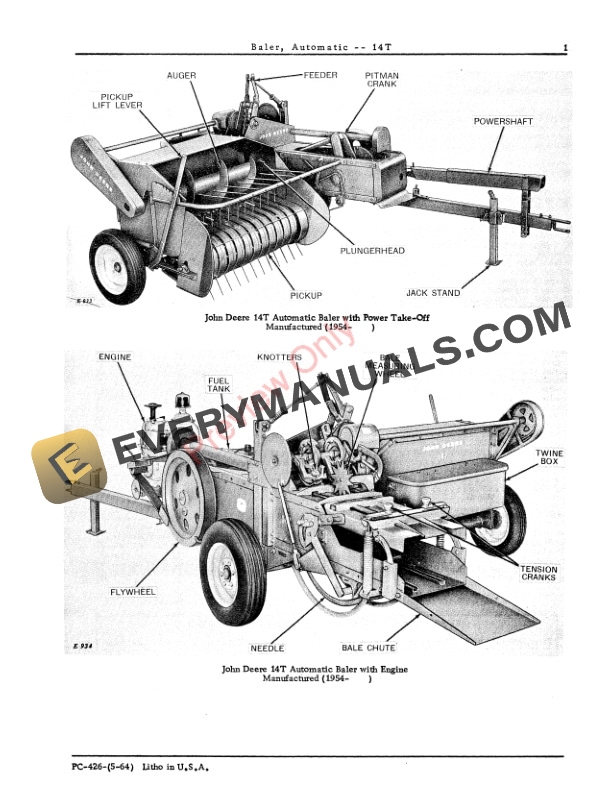 John Deere 14T Automatic Pick-Up Baler Parts Catalog PC426 01MAY64-3