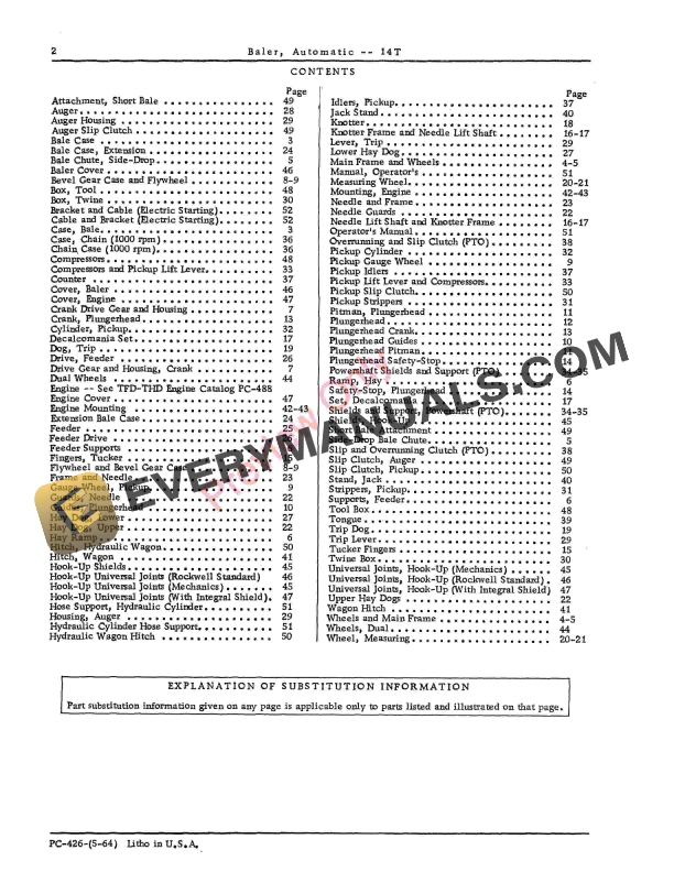 John Deere 14T Automatic Pick-Up Baler Parts Catalog PC426 01MAY64-4