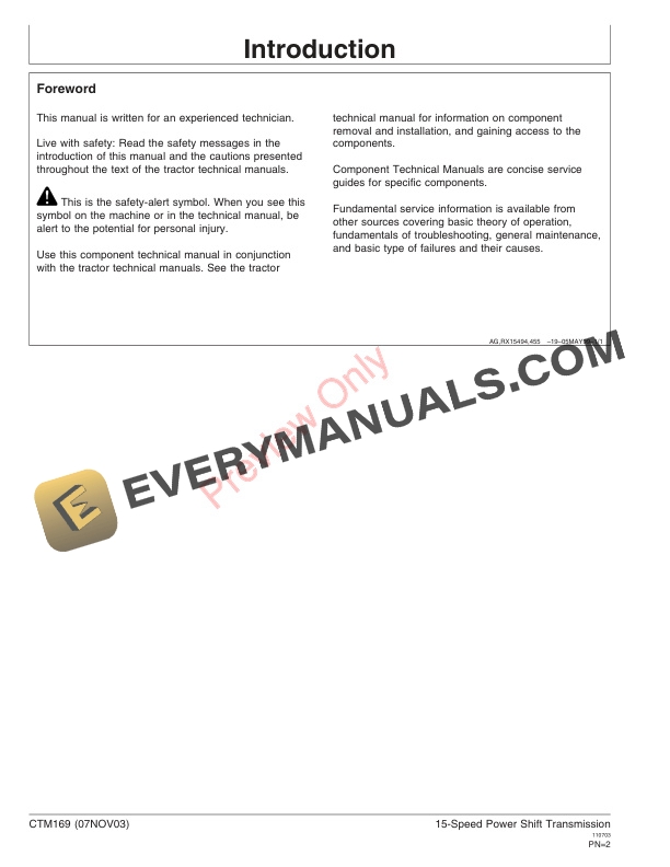 John Deere 15 Speed Power Shift Transmission Not available in Spanish Component Technical Manual CTM169 07NOV03 2