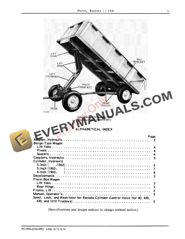 John Deere 150 Bolster Hoist Parts Catalog PC692 01MAR68-3