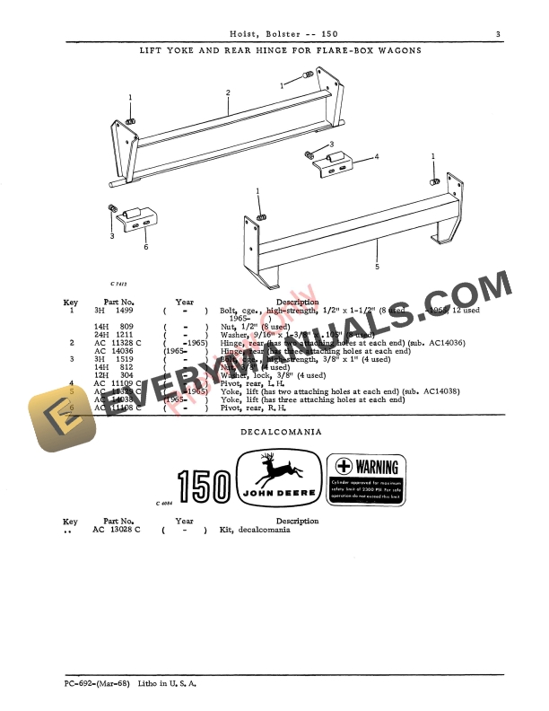John Deere 150 Bolster Hoist Parts Catalog PC692 01MAR68-5