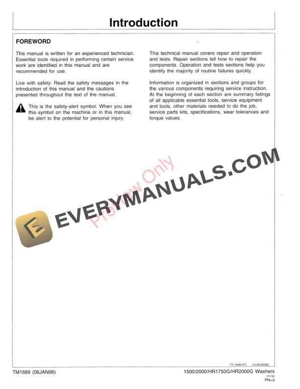 John Deere 1500 2000 HR1750G and HR2000G High Pressure Washers Technical Manual TM1689 06JAN98 2