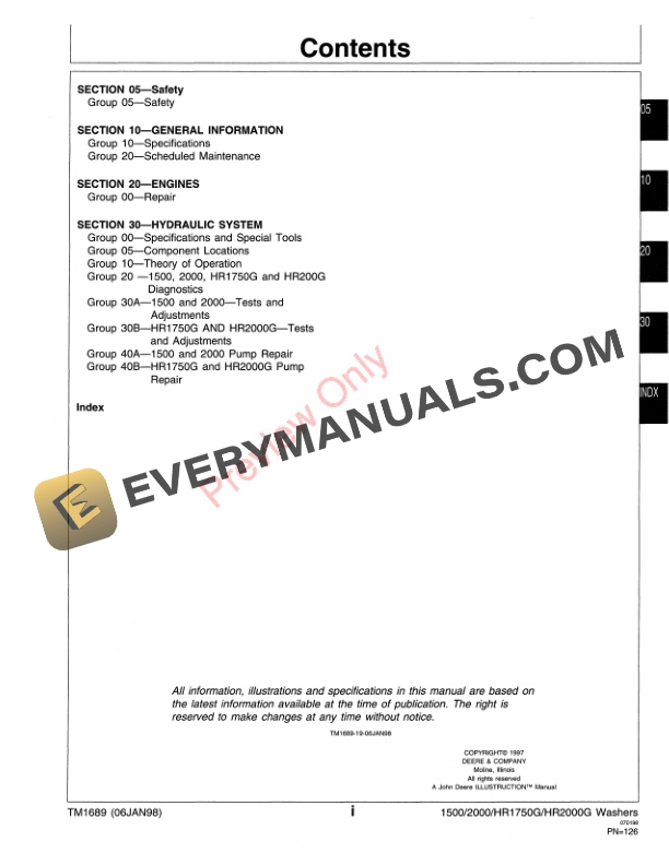John Deere 1500 2000 HR1750G and HR2000G High Pressure Washers Technical Manual TM1689 06JAN98 3