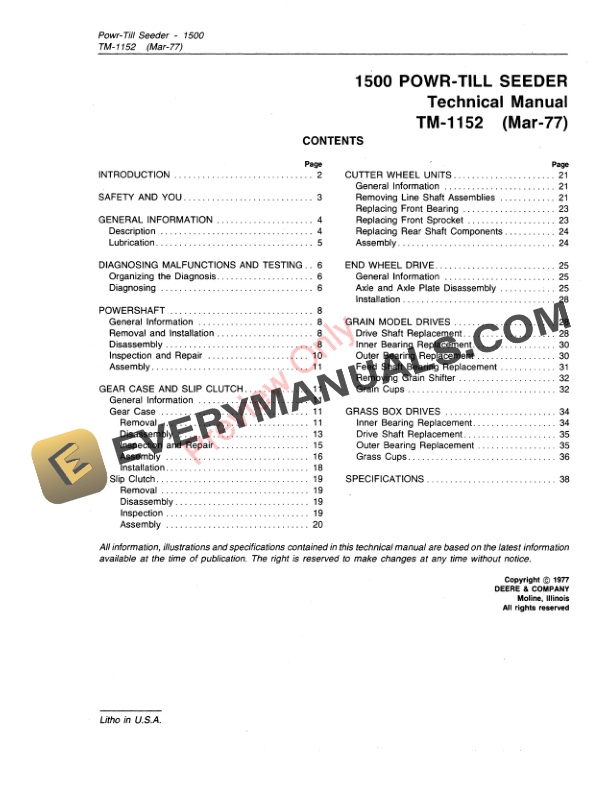 John Deere 1500 Powr Til Seeder Technical Manual TM1152 01MAR77 3