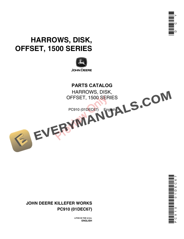 John Deere 1500 Series Offset Disk Harrows Parts Catalog PC910 01DEC67-1