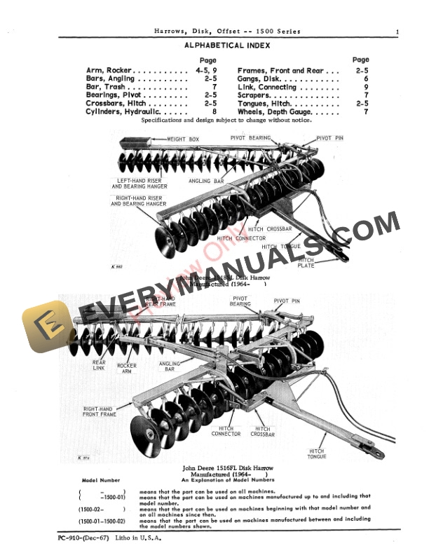 John Deere 1500 Series Offset Disk Harrows Parts Catalog PC910 01DEC67-3