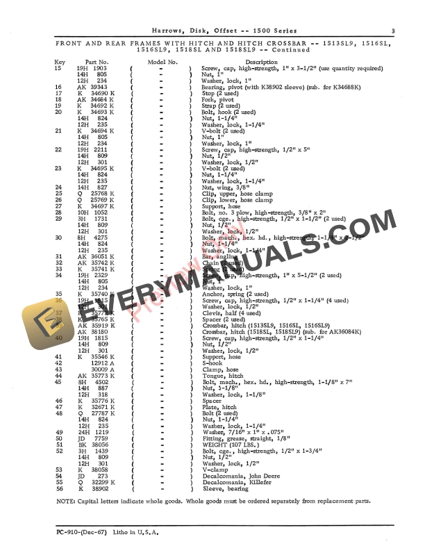 John Deere 1500 Series Offset Disk Harrows Parts Catalog PC910 01DEC67-5