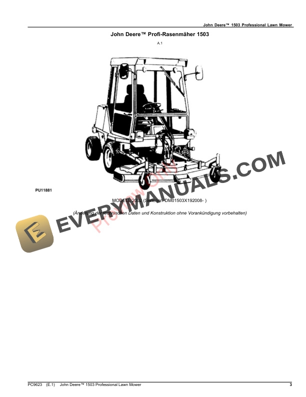 John Deere 1503 PROFESSIONAL LAWNMOWER Parts Catalog PC9623 18DEC19-3