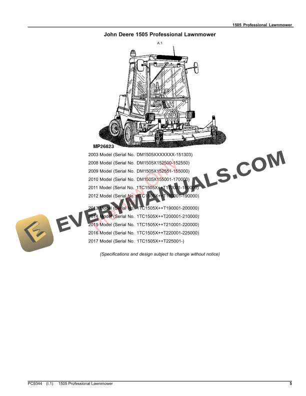 John Deere 1505 Professional Lawnmower Parts Catalog PC9344 21NOV23-5