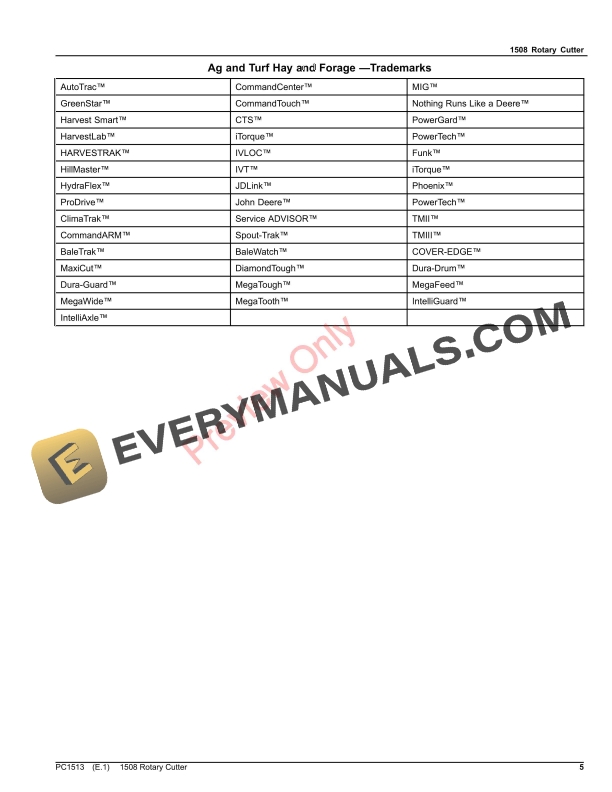 John Deere 1508 ROTARY CUTTER Parts Catalog PC1513 20SEP21 6 John Deere 1508 ROTARY CUTTER Parts Catalog PC1513 20SEP21-5