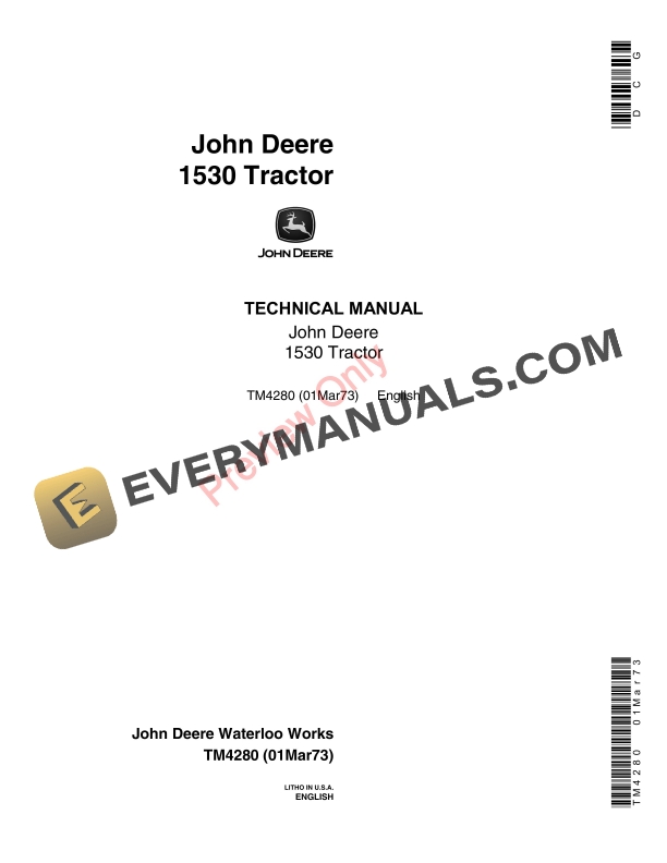 John Deere 1530 Tractor Technical Manual TM4280 01MAR73-1