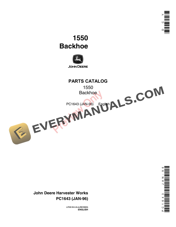 John Deere 1550 Backhoe Parts Catalog PC1643 23JAN96-1