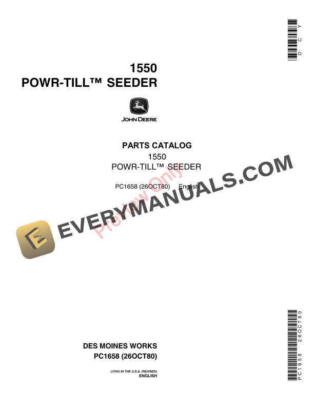 John Deere 1550 Powr-Till Seeder Parts Catalog PC1658 26OCT80-1