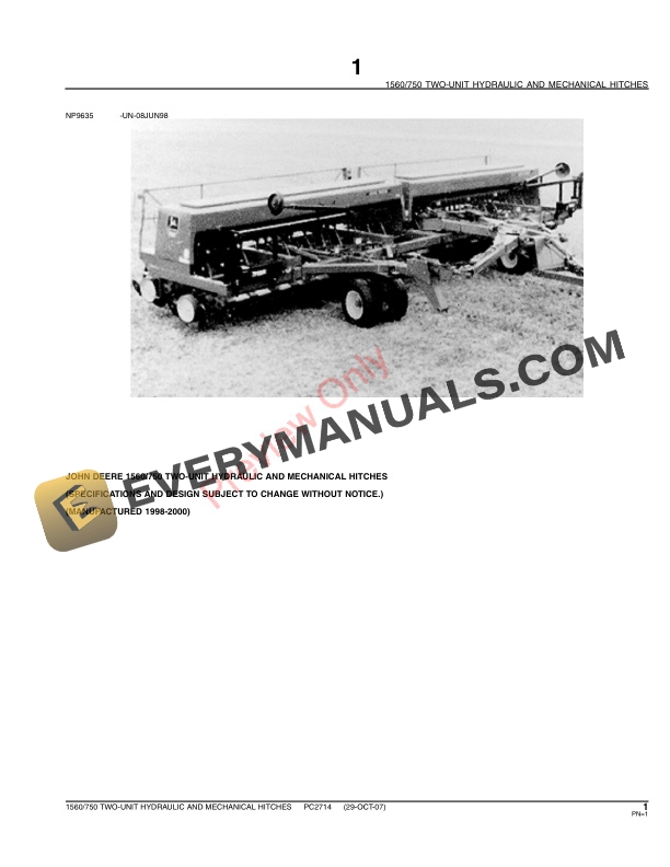 John Deere 1560 750 Two-Unit Hydraulic and Mechanical Hitches Parts Catalog PC2714 10JUN11-3